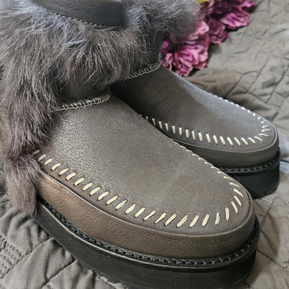 UGG Charcoal Gray Fur Platform Ankle Boots Womens Size 6 NEW